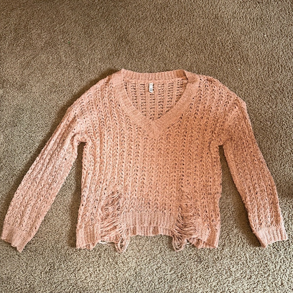 Glam light pink pearlescent open knit sweater